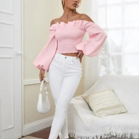 Off Shoulder Ruffle Trim Shirred Long sleeved Crop Blouse Pink - Picture 3 of 5